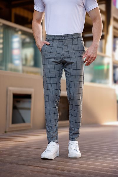 MODAMESTO Men's Smoked Plaid Slim Fit Fabric Trousers