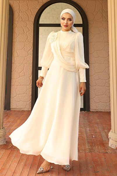 Olcay Broş Detaylı Kloş Yorgo İpek Tesettür Abiye Elbise FİL DİŞİ 1242