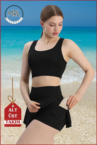 missmaral Women's Black Bottom-Top Suit Shorts & Fixed Pad Top Crop Swimsuit Suit in the Sea in the Pool in Sports3107
