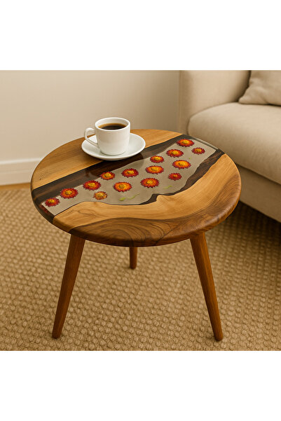 Trihome Doğal Ceviz Ağacı & Epoksi El Yapımı Yuvarlak Yan Sehpa – 50x48 cm | Özgün Tasarım