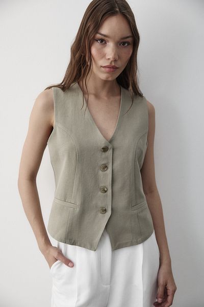 JASTE Women's Lined Button Detail Linen Vest