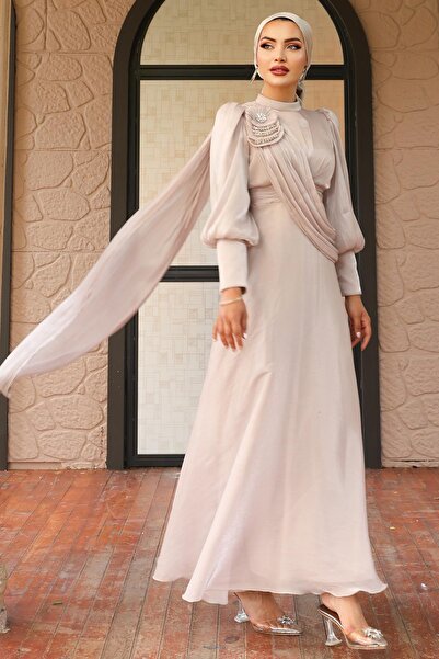 Olcay Broszka z rozkloszowanym dekoltem w kształcie litery Yorgo, wieczorowa sukienka hidżab z jedwabiu TAŞ 1242