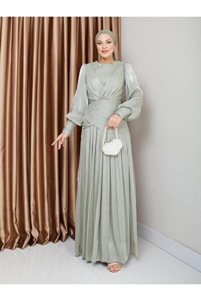 Olcay Ανοιχτό πράσινο κρυστάλλινο σιφόν χιτζάμπ βραδινό φόρεμα - Flounce and Pleat Details 1230