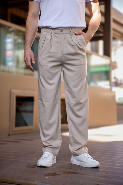 MODAMESTO Men's Beige Baggy Fit Pleated Fabric Trousers