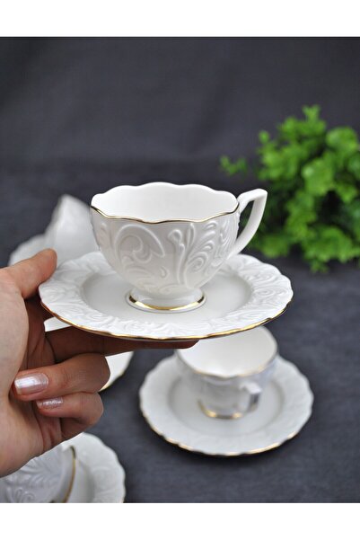 Qualitev 6'Lı Porselen Yaldızlı Sade Kahve Fincanı Kabartma Türk Kahvesi Finc...