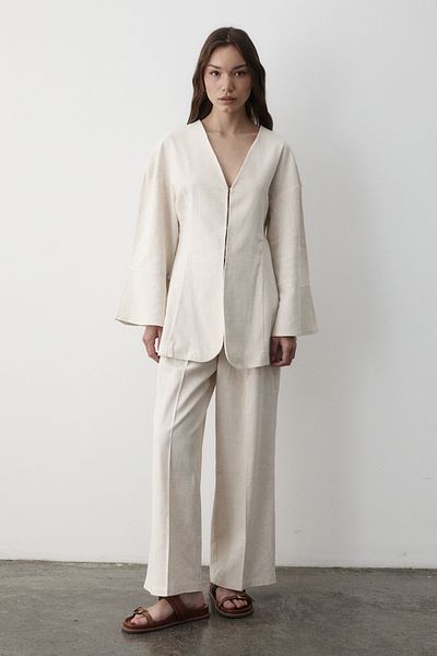 JASTE Women's V Neck Hooked Top & Elastic Pants Linen Set