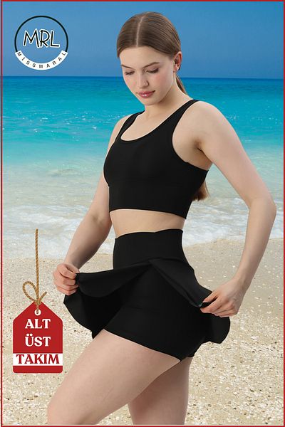 missmaral Women's Black Bottom-Top Suit Shorts & Fixed Pad Top Crop Swimsuit Suit in the Sea in the Pool in Sports3107