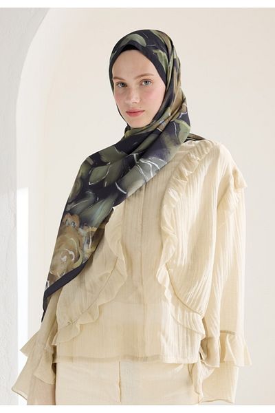 Fresh Olive Green Dark Garden Patterned Shawl