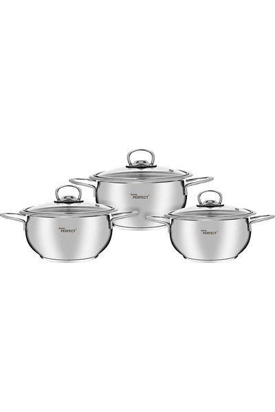Alsaif Gallery Turkish Silver Steel Cookware Set With Glass Lid, 6 Pieces (14*16*18 Cm)