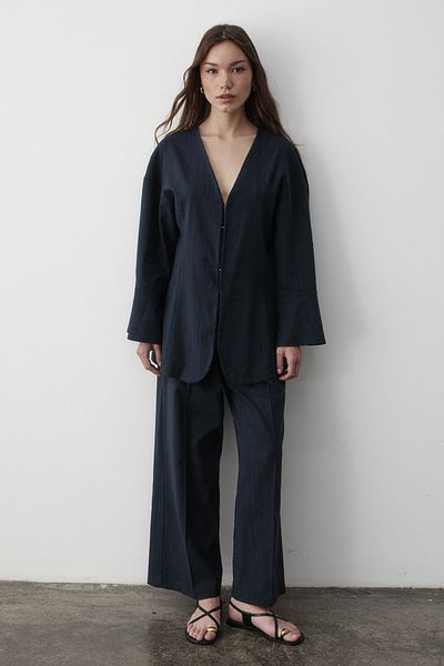 JASTE Women's Navy Blue V-Neck Hidden Button Top & Elastic Trousers Linen Suit