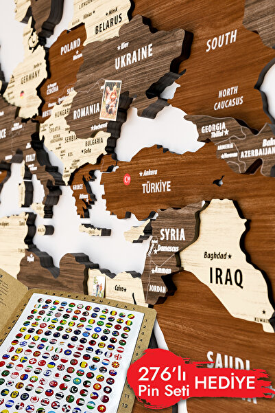 Colorfull Worlds 3 Boyutlu Ahşap Dünya Haritası - Modern Ev Ofis Okul Seyahat Duvar Dekoru