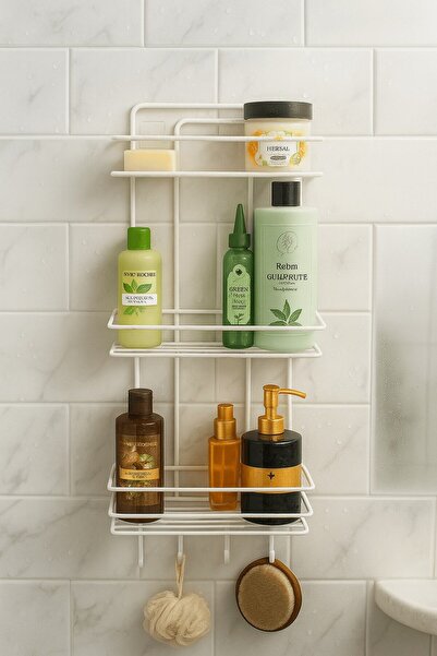 Sas Haus Stainless White Adhesive Bathroom Shower Shelf Shampoo Holder 3-Tier with 4 Hooks Durable Organizer