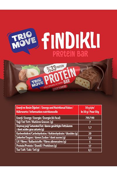 TrioMove Protein Bar - Hazelnut and Milk Chocolate, 33% Protein, 50 g X 9 Units