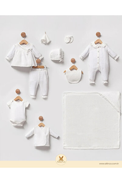 Cassiope Allin'co - Cassiope %100 organik pamuklu Müslin Yenidoğan Bebek Hastane Çıkış Seti Beyaz