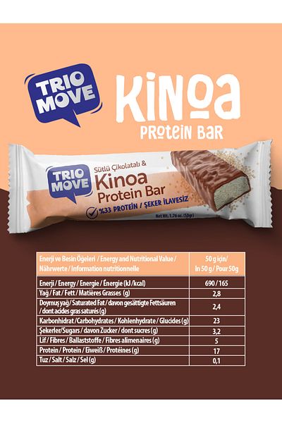 TrioMove Protein Bar - Quinoa and Milk Chocolate, 33% Protein, 50 g X 9 Pcs