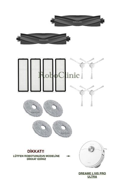Roboclinic Dreame L10S Pro Ultra Compatible Replacement Brush, Hepa Filter, Mop Set - 14 Pieces