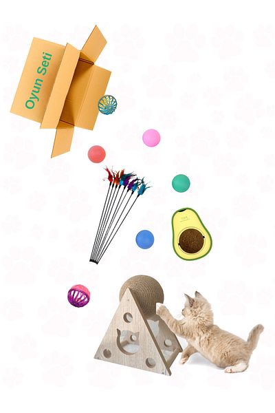 Petilux Medium Cat Play Set: Triangular Ball, Feather Fishing Rod, Avocado Catnip and Rattle Ball