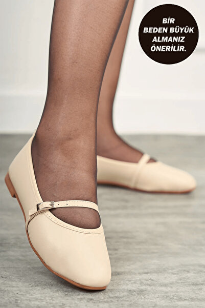 İmerShoes Daily Beige Women's Ballerinas Oval Toe Belt Thin Band Buckle Orthopedic Lightweight Shoes 113