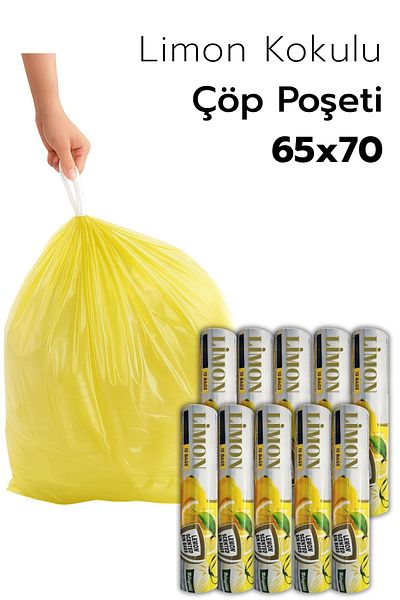 ARVALE 65X70 Lemon Scented Drawstring Large Size Garbage Bag - 100 Pieces (10 Packs) 60 Liters Garbage Bag