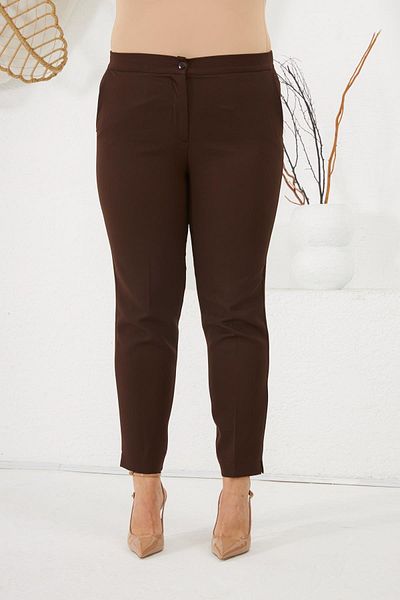 RMG Large Size Brown Fabric Trousers with Elastic Waist and Slit Detail