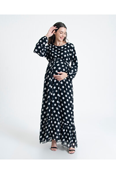 Desen Hamile Giyim Siyah Beyaz Puantiyeli Uzun Hamile Elbise