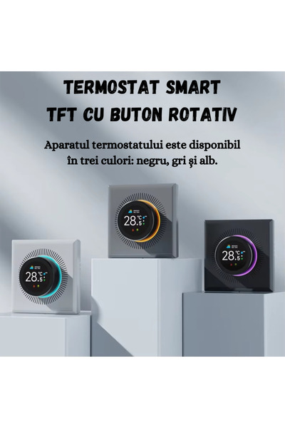 BIRAI Termostat de cameră inteligent WiFi pentru centrală termică – ecran tactil și control rotativ, alb