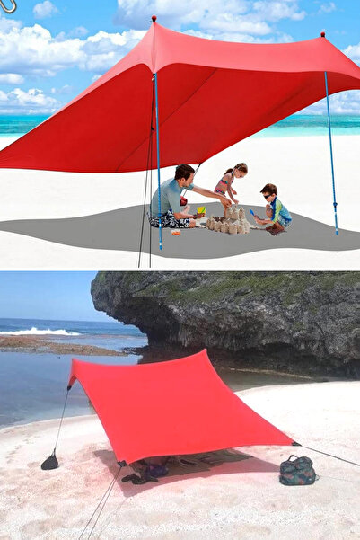KAŞIKBEY BeachZelt Gölgelik Tente Plaj Şemsiyesi Katlanır Bahçe Kamp Piknik Güneşlik Şemsiye 200x30cm Kırmızı