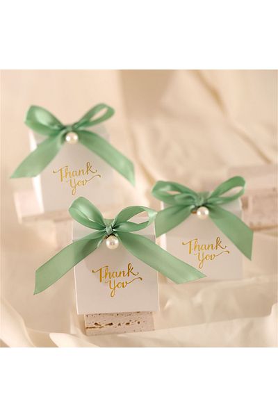 Choice 7x5x7cm Light Green 10pcs Paper Gift Boxes With Golden 'thank You' Labels, Including Ribbons And Bea