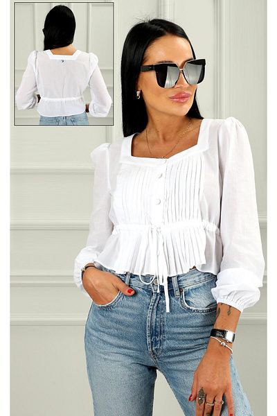 Dedoçe Women's Square Neck Pleated Front Cotton Blouse