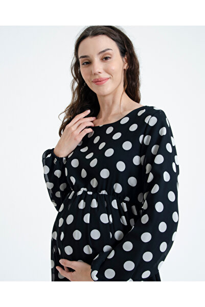 Desen Hamile Giyim Siyah Beyaz Puantiyeli Uzun Hamile Elbise