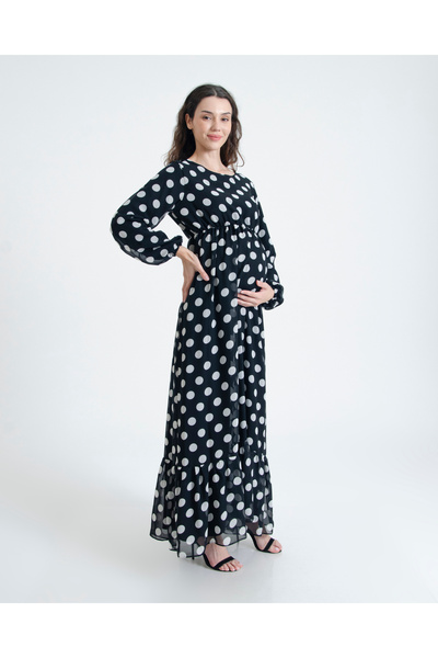 Desen Hamile Giyim Siyah Beyaz Puantiyeli Uzun Hamile Elbise