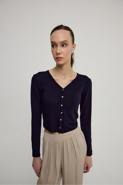 TUBİA Women's Navy Blue Buttoned Front Soft Cardigan