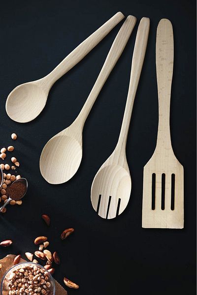 MONTESEV Wooden Wooden Spoon Set with Stand - 5 Pieces Natural Wood Serving Presentation Spoon Holder