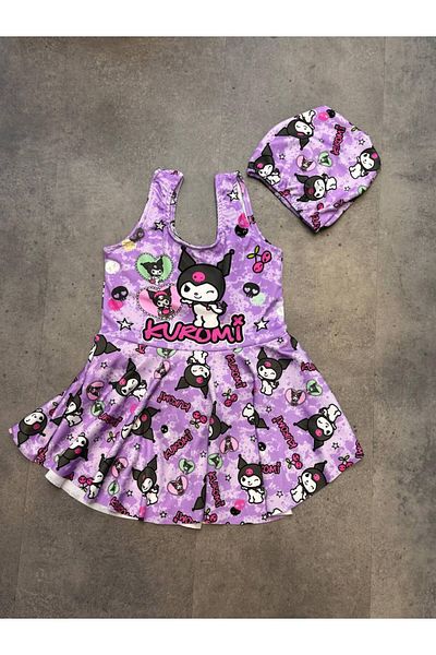 Elit Female Child Kuromi Purple Bonnet Skirt Swimsuit Bikini