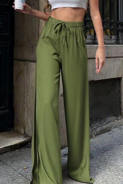 Bliss Women's Olive Green Linen Slit High Waist Palazzo Trousers