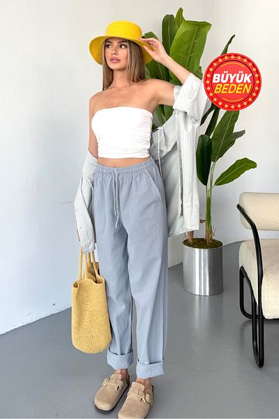 Dechers Women's Large Size High Waist Linen Look 100% Cotton Trousers W206