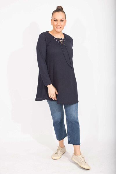 Şans Women's Navy Blue Relaxed Cut Camisole Fabric Collar Eyelet Lace Detailed Long Tunic 65n35499