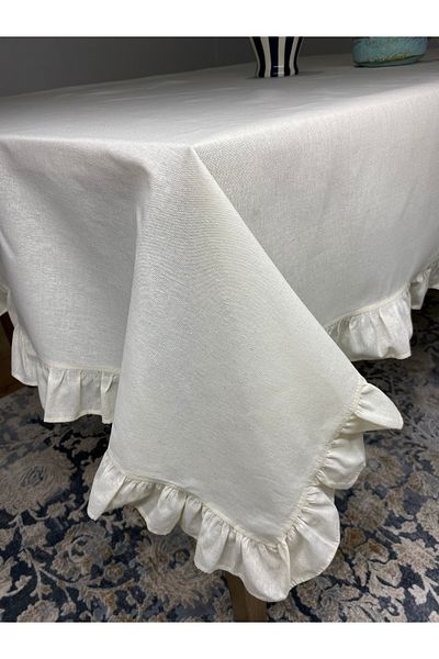 LILYUM Față de masă 100% bumbac brut lenjerie cu volane 160x220 cm Față de masă pentru sufragerie bucătărie