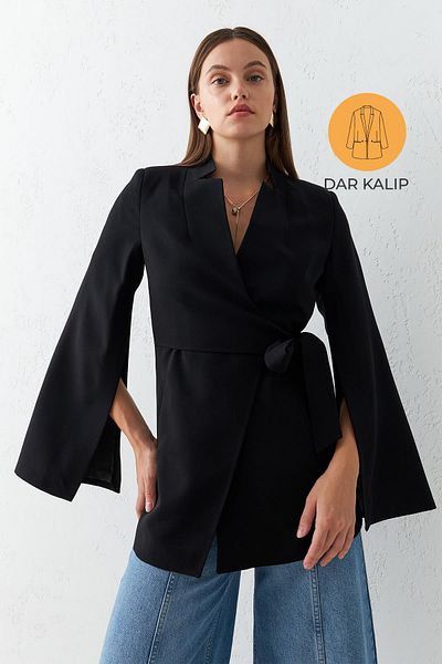 Setre Black Slim Fit Sleeve Detailed Jacket with Tie Detail at the Waist
