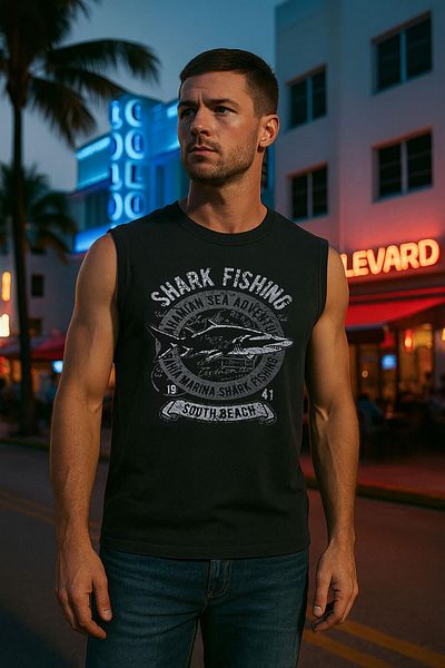 MARKAPIA Ανδρικό 100% βαμβακερό μπλουζάκι με στάμπα Shark με λαιμόκοψη