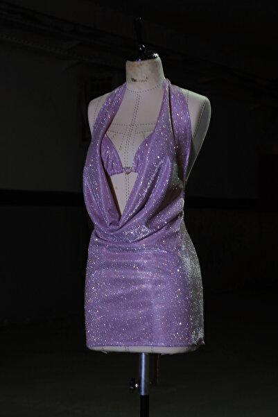 Gülşah Evecen Simli Kalp Detay Degaje Yaka Elbise (Bralet Dahildir.)