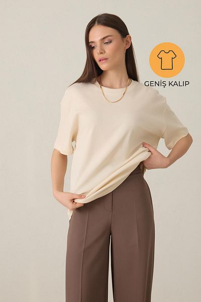 Setre Cream 100% Cotton Crew Neck Basic Short Sleeve Oversize T-Shirt