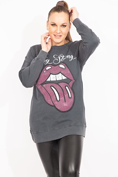 Şans Women's Large Size Smoked Stone Detailed Sweatshirt 65n35493
