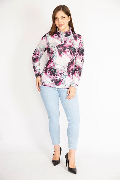 Şans Women's Colorful Large Size Front Placket Zippered Long Sleeve Blouse 65n36419