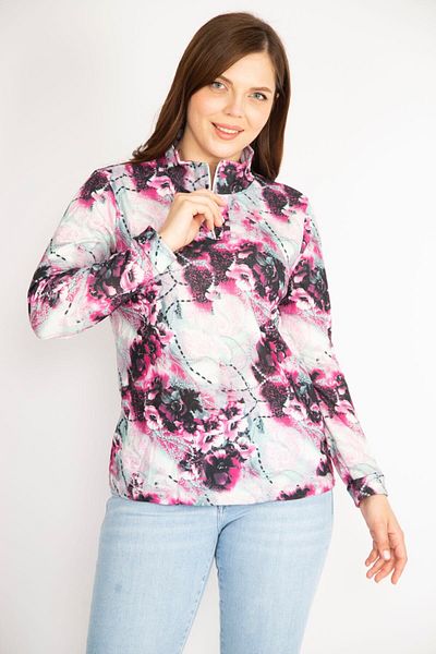 Şans Women's Colorful Large Size Front Placket Zippered Long Sleeve Blouse 65n36419