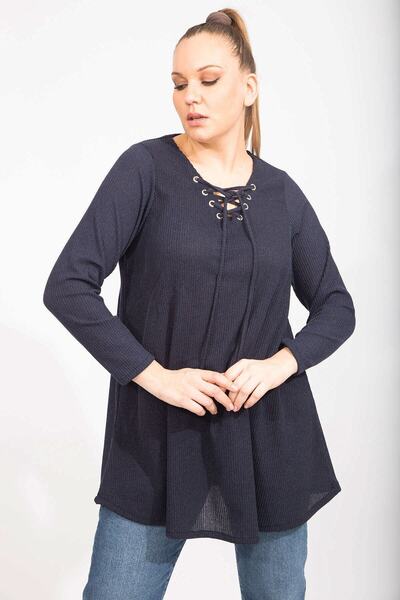 Şans Women's Navy Blue Relaxed Cut Camisole Fabric Collar Eyelet Lace Detailed Long Tunic 65n35499