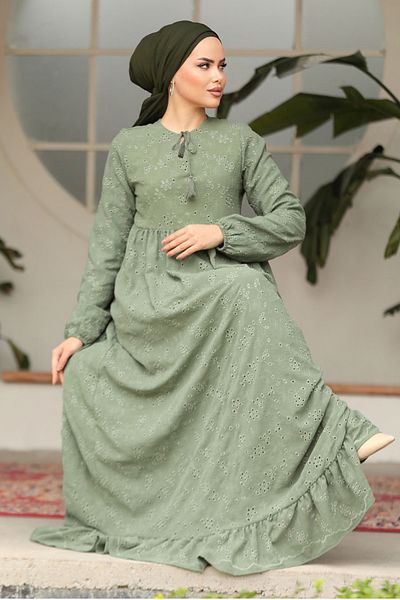 Neva Style فستان حجاب مزين بالدانتيل باللون الأخضر - 23201CY