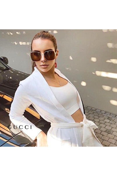 Gucci Gg0724s 002 61-18 Kadın Kahverengi Mat Camlı Altın Metal Kare Güneş Gözlüğü