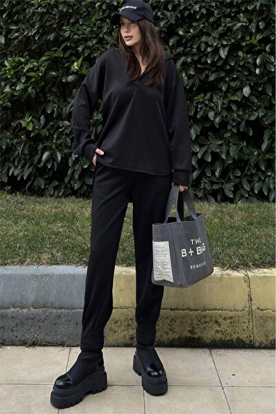 NEW LAVİVA Kadın Siyah Scuba Kumaş, Rahat Kalıp, Pliseli Dar Paça Eşofman Altı