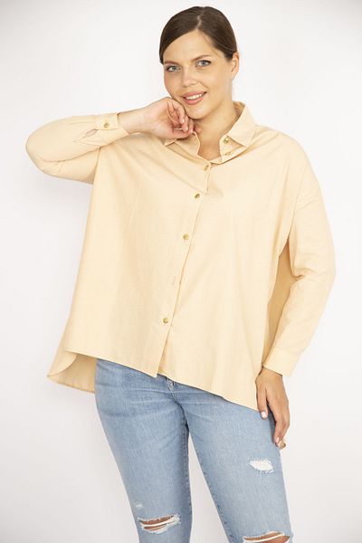 Şans Women's Large Size Beige Poplin Fabric Front Buttoned Side Slit Long Sleeve Shirt 65N36799